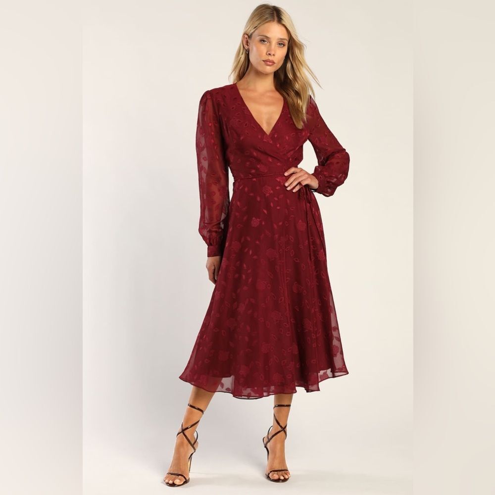 Lulu's Wine-Red Sheer Sleeve Midi Wrap Dress